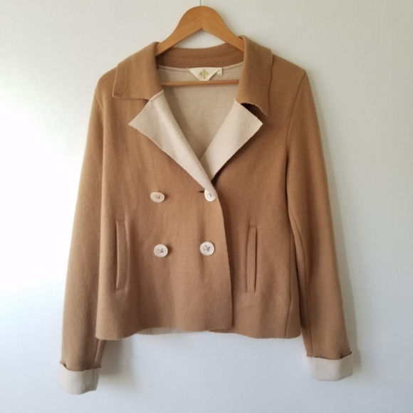 Anthropologie HWR Monogram Wool Blend Camel Double Breasted  Coat  Small - Picture 1 of 14